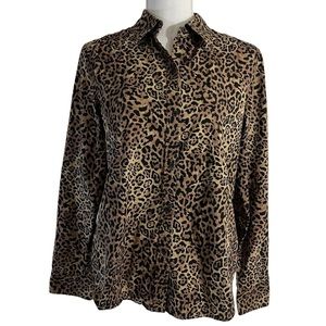 Chaps Leopard Print Button Up Shirt Womens Large 100% Cotton Long Sleeves Collar